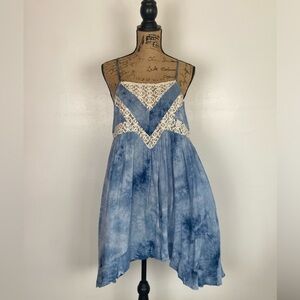 Umgee Boho High Low Dress Size L Blue Sundress Lace Ruffle Hem Summer Beach